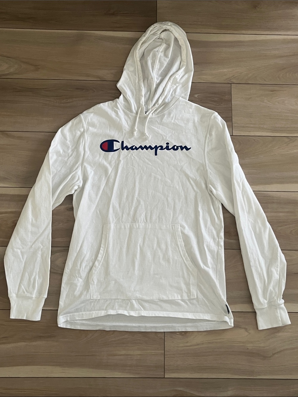 Champion White Hooded Sweatshirt with Navy & Red Logo